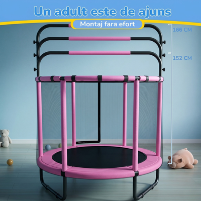 Resigilat - Trambulină pentru copii 8 în 1, Diametru 140 cm, cu plasă de siguranță, hamac, inele și coș de baschet, pentru interior și exterior, Certificare de Siguranta, Roz