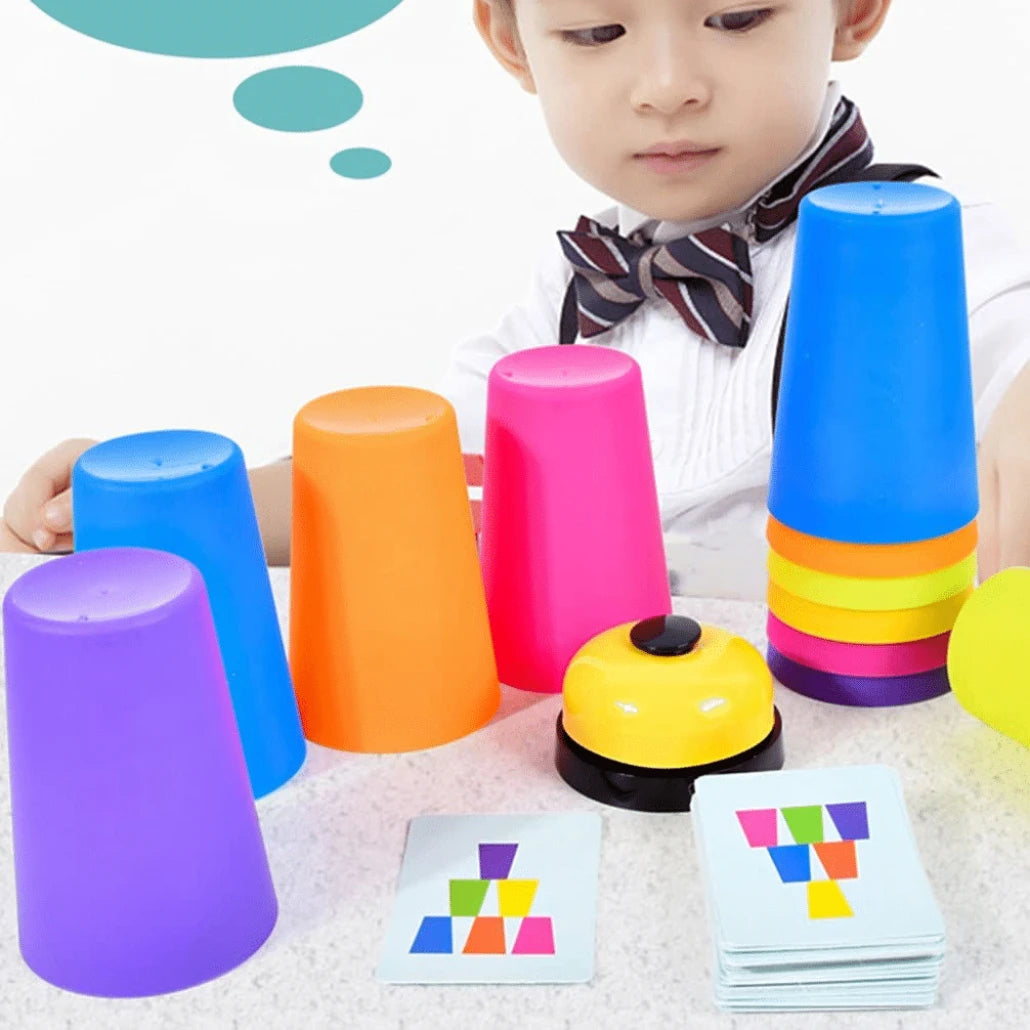 Joc de Societate Speed Cups, Interactiv Educativ Montessori, 12 Cupe, Clopotel, Carti de Joc, + 3 Ani - LUDIRO
