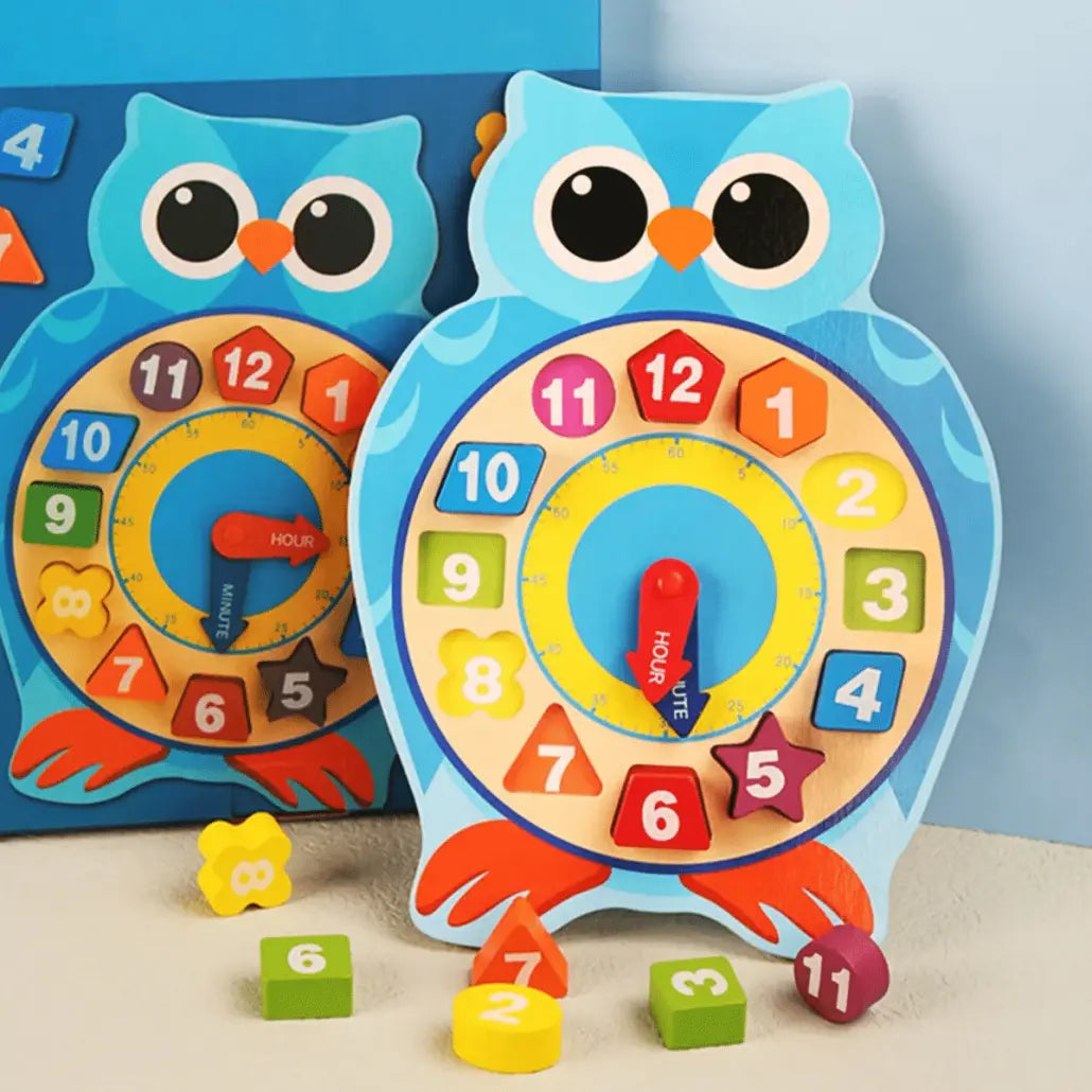 Jucarie Montessori Ceas din Lemn cu Forme Geometrice si Numere, Bufnita Vesela, Albastru, 29.2x21.7 cm, + 3 Ani - LUDIRO