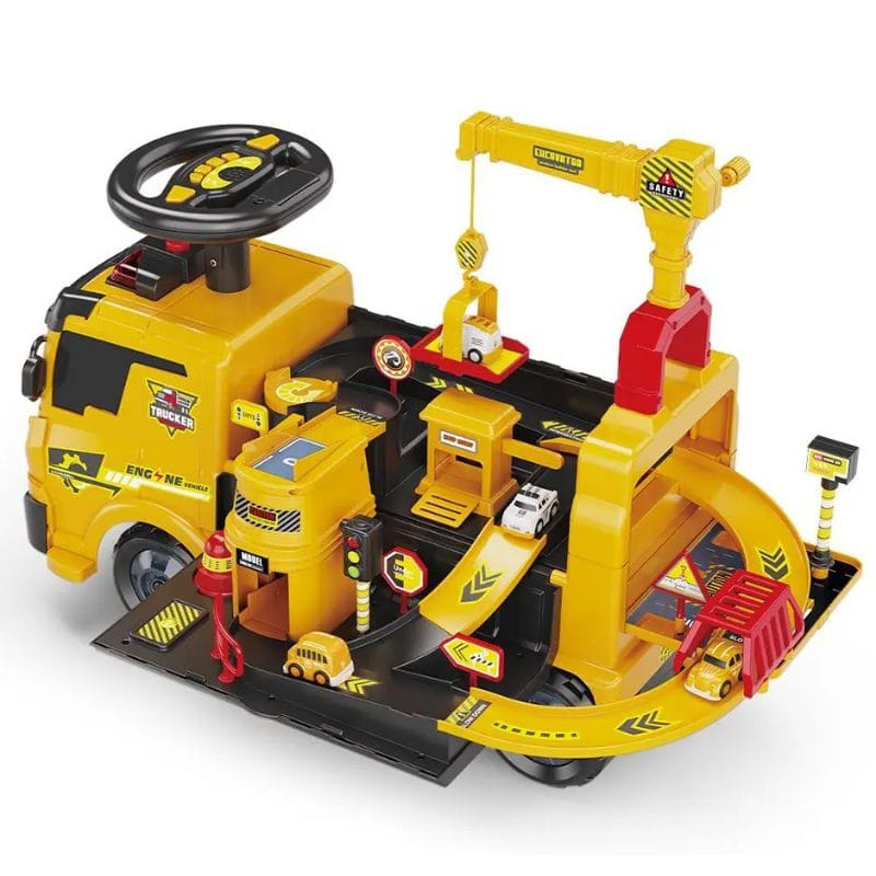 Camion 4 in 1 cu Functie Ride-On, Circuit Interactiv si Macara, Jucarie Educativa pentru Copii cu Volan Multifunctional, Lumini si Sunete, + 3 Ani - LUDIRO