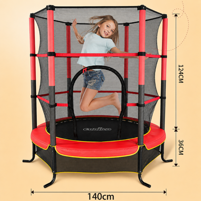 Trambulina pentru Copii LUDIRO, Diametru 140 Cm, Inaltime 160 Cm, Cu Plasa de Siguranta, Suporta 200 kg, Interior sau Exterior, Pentru Dezvoltarea Echilibrului, Rosie, + 3 Ani - LUDIRO