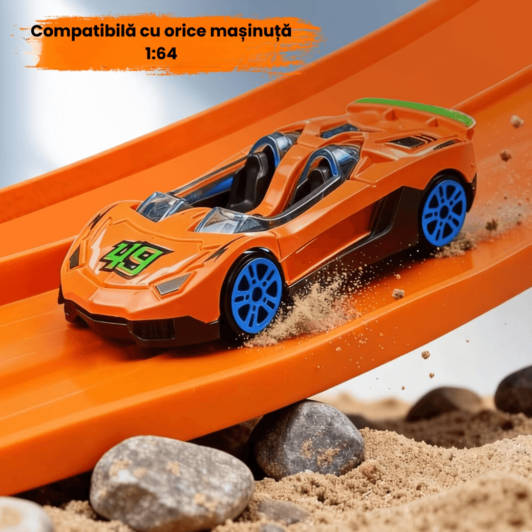 Pistă Auto Flexibilă Ludiro 4.5m, 2 Benzi, Prindere Ventuze, Compatibilă 1:64, Portocaliu - LUDIRO