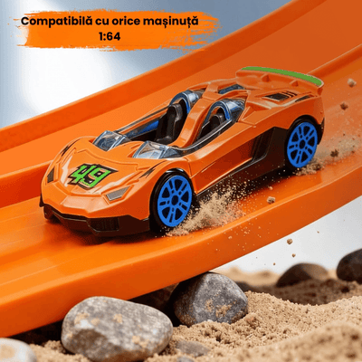 Pistă Auto Flexibilă Ludiro 4.5m, 2 Benzi, Prindere Ventuze, Compatibilă 1:64, Portocaliu - LUDIRO