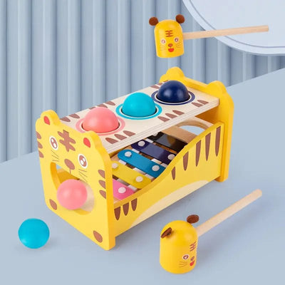 Joc Educational Multifunctional cu Xilofon, Ciocanel si Bile Multicolore, Model Tigrisor, Galben, 21x13.5x12.5 Cm, +3 Ani - LUDIRO