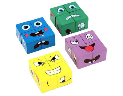 Set 16 Cuburi de Constructie din Lemn, 4 Jucatori, 64 Posibilitati cu Cartonase, Imita Expresii Faciale si Emotii, +3 Ani - LUDIRO