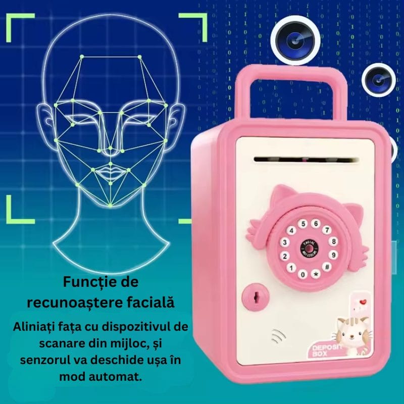 Jucarie Interactiva Pusculita Digitala, Depunere Automata, Deschidere cu Parola sau Recunoastere Faciala, Muzica Si Lumini Interactive, Pisicuta Roz, + 3 Ani, Utility One - LUDIRO