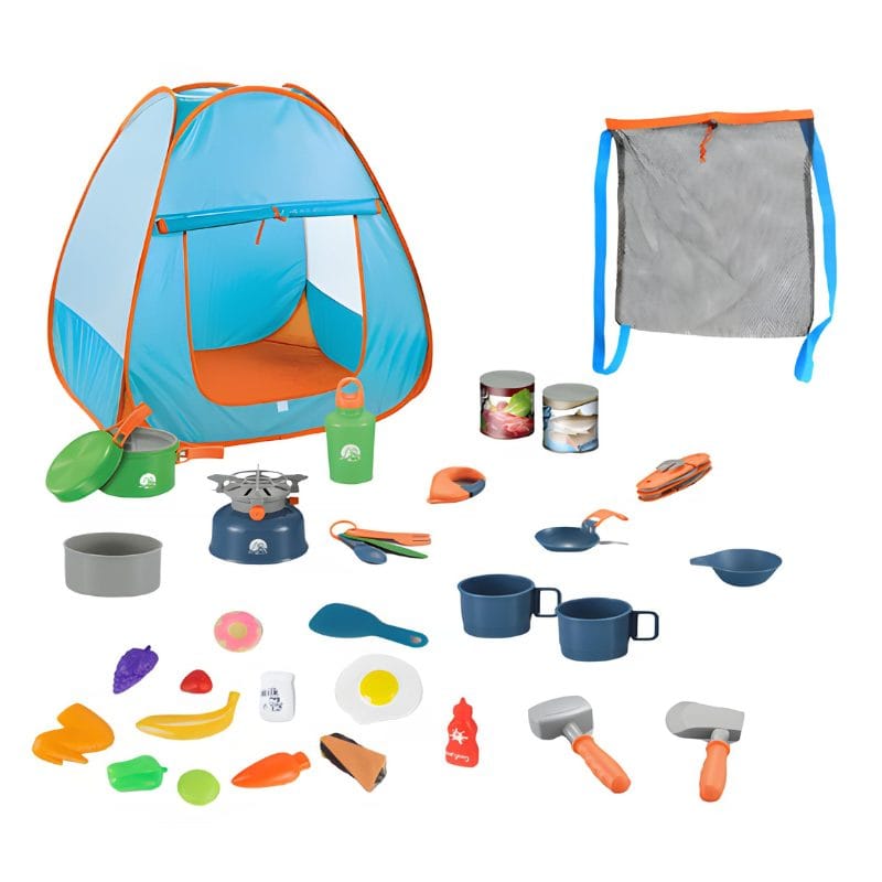 Set Cort si 28 Accesorii de Camping pentru Joaca in Aer Liber, Geanta de Transport, Interior si Exterior, 72x87.5x72 Cm, Multicolor, + 3 Ani - LUDIRO