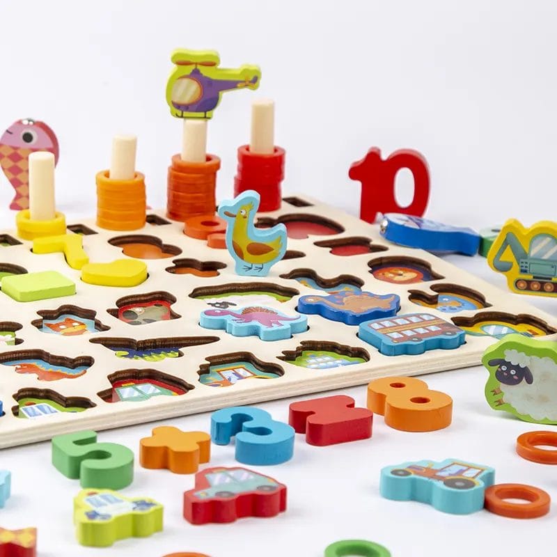 Jucarie Educativa Multifunctionala Montessori, Puzzle din Lemn cu Cifre, Forme, Animale, Dinozauri si Vehicule pentru Dezvoltarea Cognitiva, Ideal pentru Copii Prescolari, 40x22.5 Cm, + 3 Ani - LUDIRO