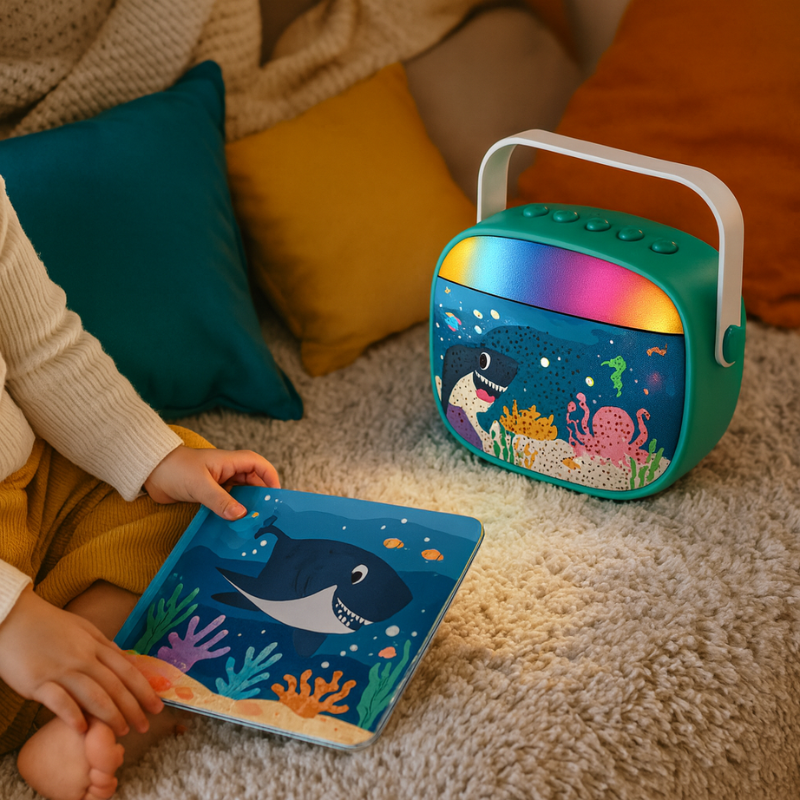 Resigilat - Set Karaoke Copii Ocean Ludiro cu Microfon Wireless, Bluetooth si Lumini Colorate Interactive, + 3 Ani