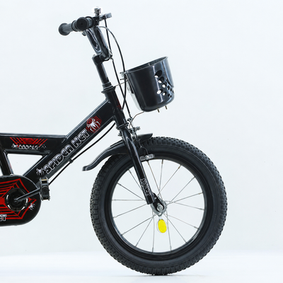 Bicicletă copii 14 inch LUDIRO Spider Net, negru-roșu, cu cască, steag, roți ajutătoare și coș frontal, 3-6 ani - LUDIRO