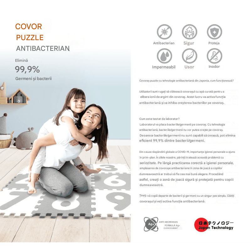 Resigilat - Covor Puzzle Antibacterian cu Litere A-Z, 26 Piese 32x32 cm, Spuma EVA cu Ioni de Argint, Alb Roz - LUDIRO