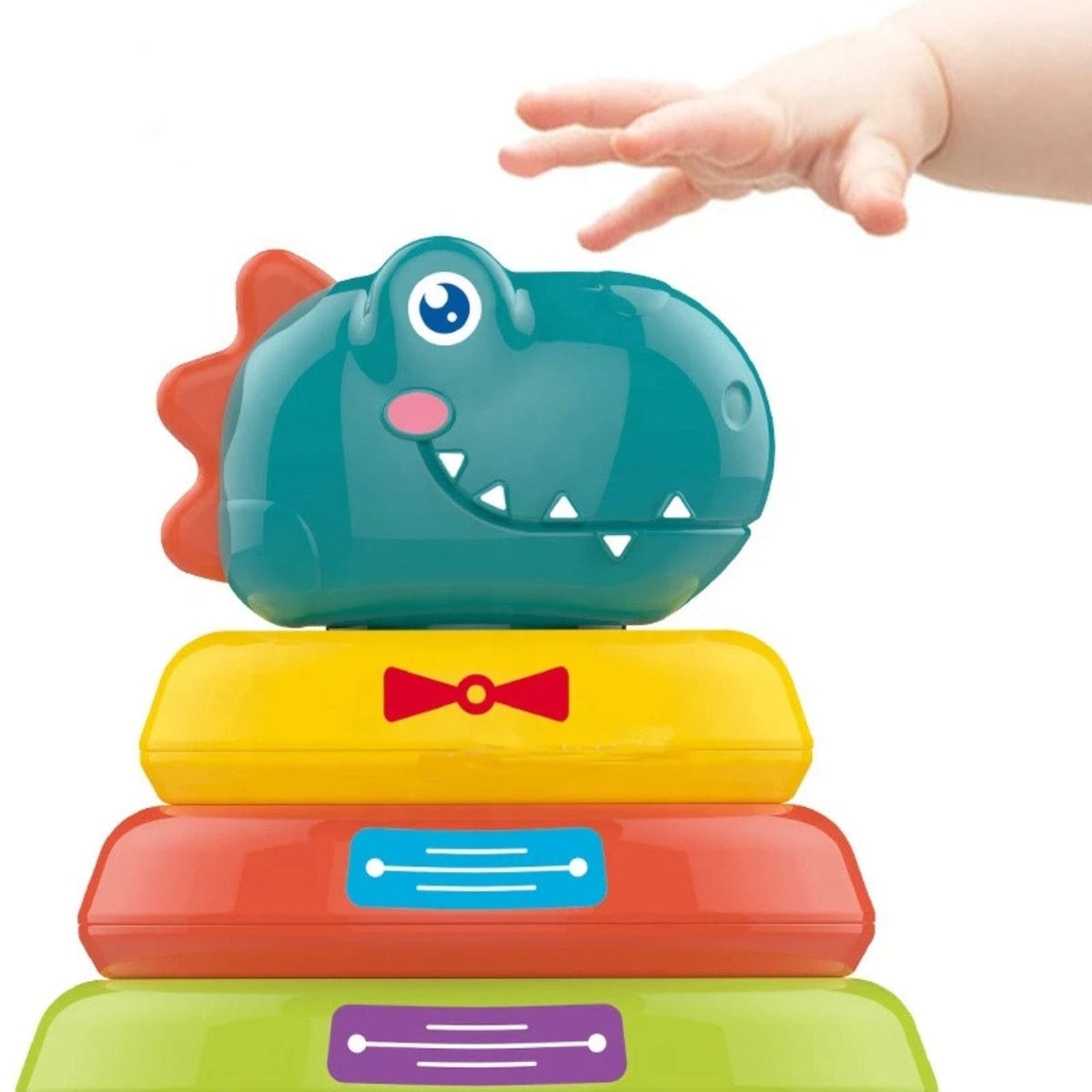 Mână care atinge capul dinozaurului de stivuit