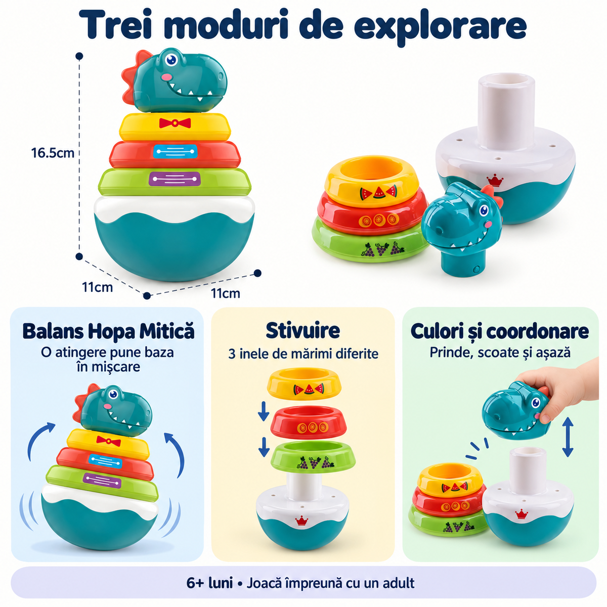 Funcțiile dinozaurului de stivuit: balans, trei inele și explorarea culorilor