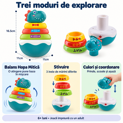 Funcțiile dinozaurului de stivuit: balans, trei inele și explorarea culorilor
