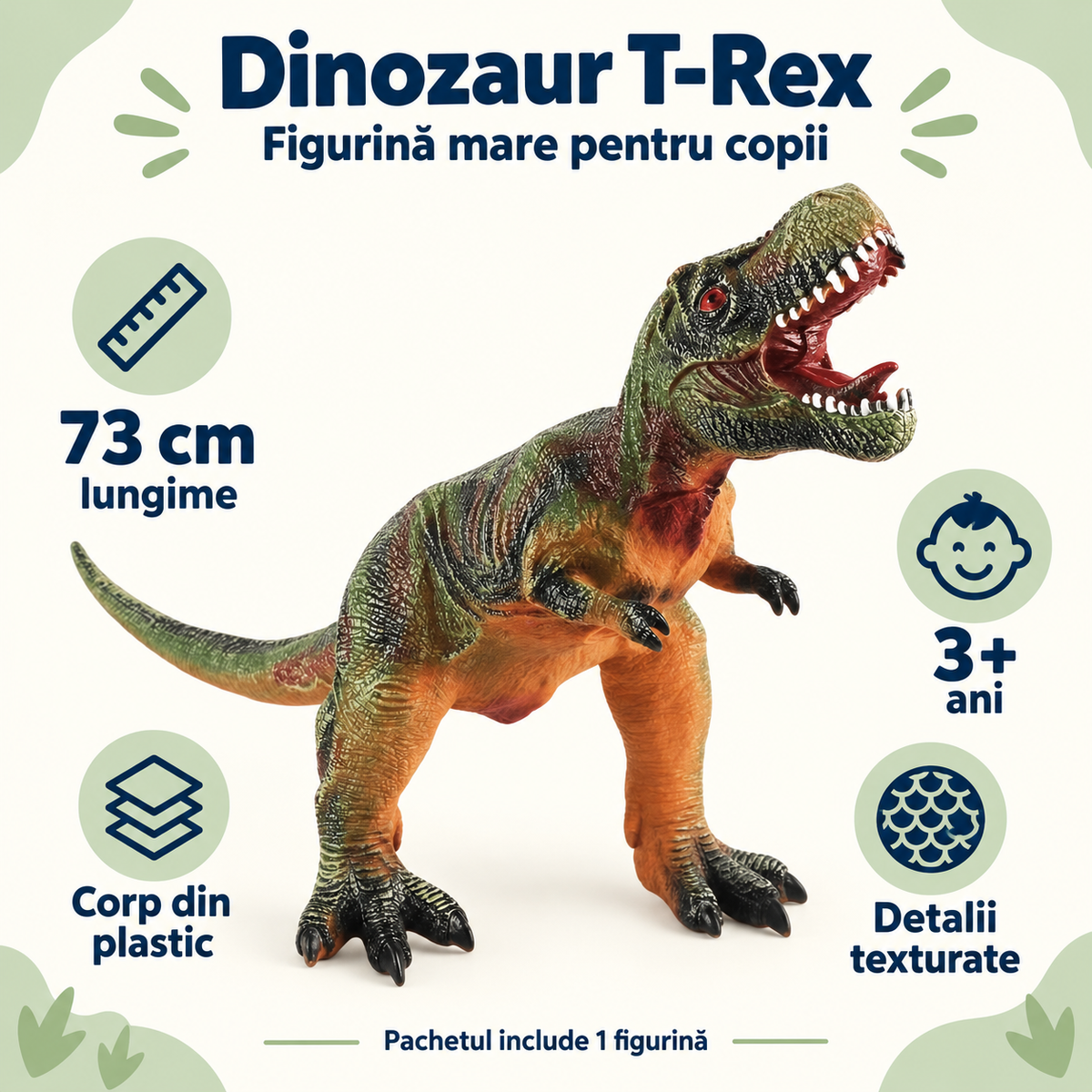 Caracteristicile figurinei T-Rex LUDIRO: lungime de 73 cm, corp din plastic, detalii texturate și vârstă recomandată de la 3 ani.