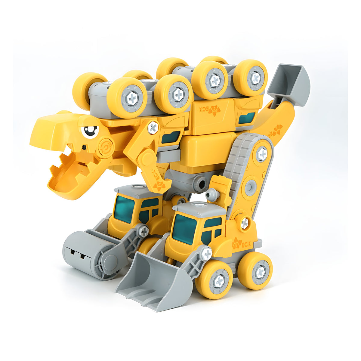 Dinozaur transformabil LUDIRO din 5 utilaje de construcții, galben, asamblat ca T-Rex