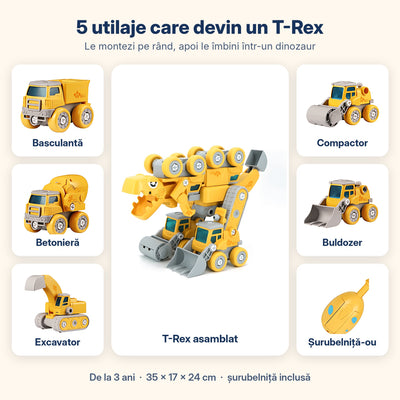 Conținutul setului: basculantă, betonieră, excavator, compactor, buldozer și șurubelniță-ou, care formează un T-Rex