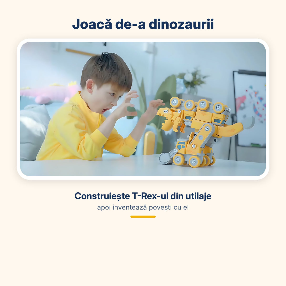 Băiat care se joacă de-a dinozaurii cu T-Rex-ul construit din utilaje