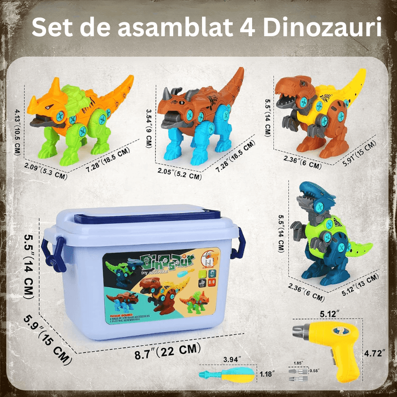 Dimensiunile celor 4 dinozauri LUDIRO, ale uneltelor și ale cutiei de depozitare de 22 × 15 × 14 cm