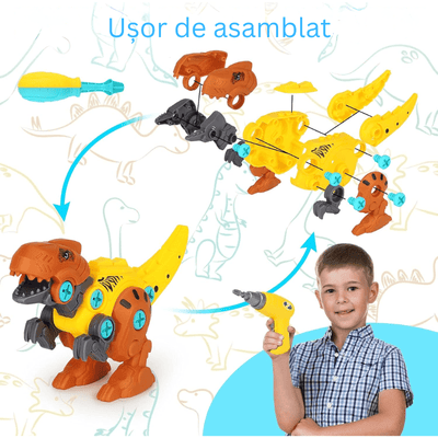 Etapele asamblării unui dinozaur LUDIRO, cu piesele separate și figurina construită