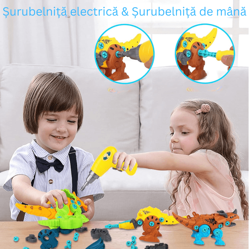 Doi copii asamblând dinozaurii LUDIRO cu șurubelnița electrică și cea manuală