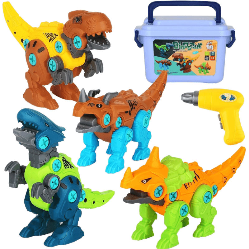 Set LUDIRO cu 4 dinozauri de asamblat, șurubelniță electrică galbenă și cutie cu mâner