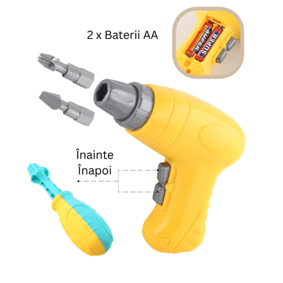 Șurubelnița electrică LUDIRO pentru 2 baterii AA, comenzi înainte și înapoi, unealtă manuală și capete