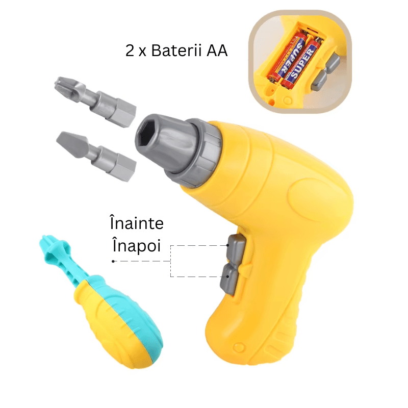 Șurubelnița electrică LUDIRO pentru 2 baterii AA, comenzi înainte și înapoi, unealtă manuală și capete