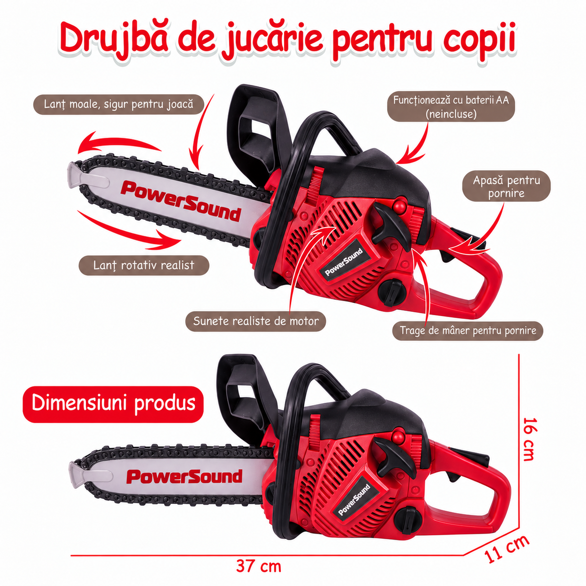 Funcțiile și dimensiunile drujbei de jucărie LUDIRO roșu-negru, 37 × 11 × 16 cm