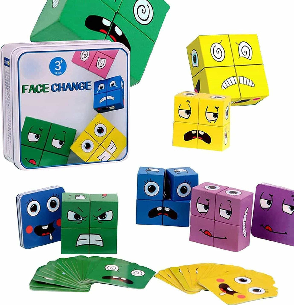 Set 16 Cuburi de Constructie din Lemn, 4 Jucatori, 64 Posibilitati cu Cartonase, Imita Expresii Faciale si Emotii, +3 Ani - LUDIRO
