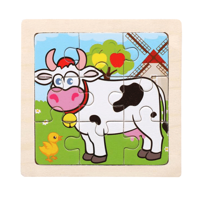 Puzzle Educativ din Lemn pentru Copii, Vacuta, 9 Piese, 11x11x0.5 Cm, + 3 Ani - LUDIRO