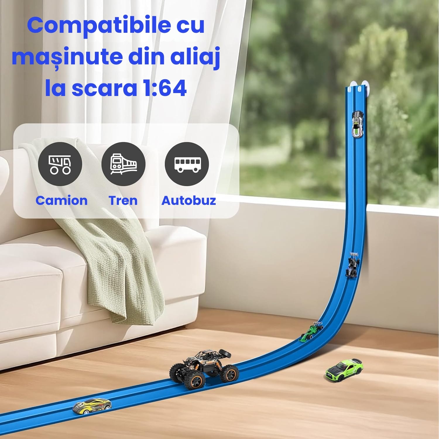 Pistă Auto Flexibilă Ludiro 4.5m, 2 Benzi, Prindere Ventuze, Compatibilă 1:64, Albastru - LUDIRO