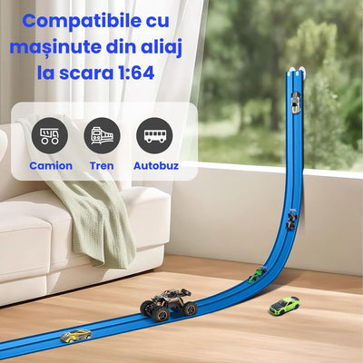 Pistă Auto Flexibilă Ludiro 4.5m, 2 Benzi, Prindere Ventuze, Compatibilă 1:64, Albastru - LUDIRO