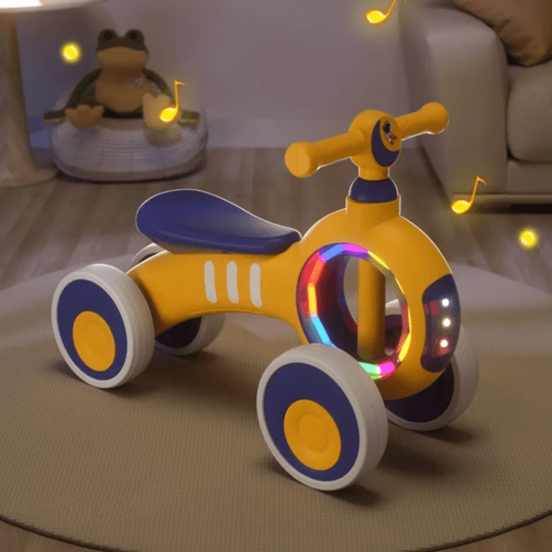 Resigilat - Bicicleta de Echilibru fara Pedale LUDIRO 2 in 1, 4 Roti Antialunecare, Structura Stabila, Margini Rotunjite, Lumini Colorate si Sunete Interactive, Sustine Dezvoltarea Timpurie, Galben Albastru, + 2 Ani - LUDIRO