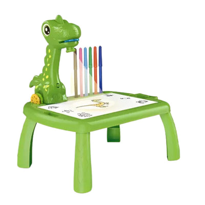 Resigilat - Set Masuta pentru Desen cu Proiector Holografic si Accesorii, 3 Discuri cu 24 Modele, Dinozaur, 12 Carioci, Verde, 32x29.5x23 Cm, + 3 Ani - LUDIRO