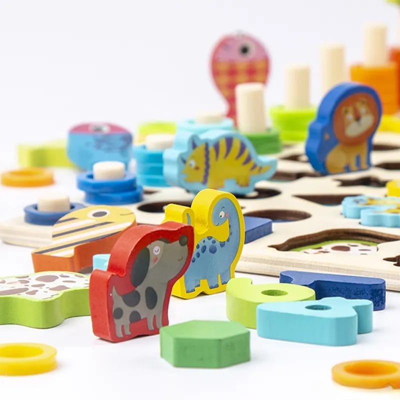 Jucarie Educativa Multifunctionala Montessori, Puzzle din Lemn cu Cifre, Forme, Animale, Dinozauri si Vehicule pentru Dezvoltarea Cognitiva, Ideal pentru Copii Prescolari, 40x22.5 Cm, + 3 Ani - LUDIRO