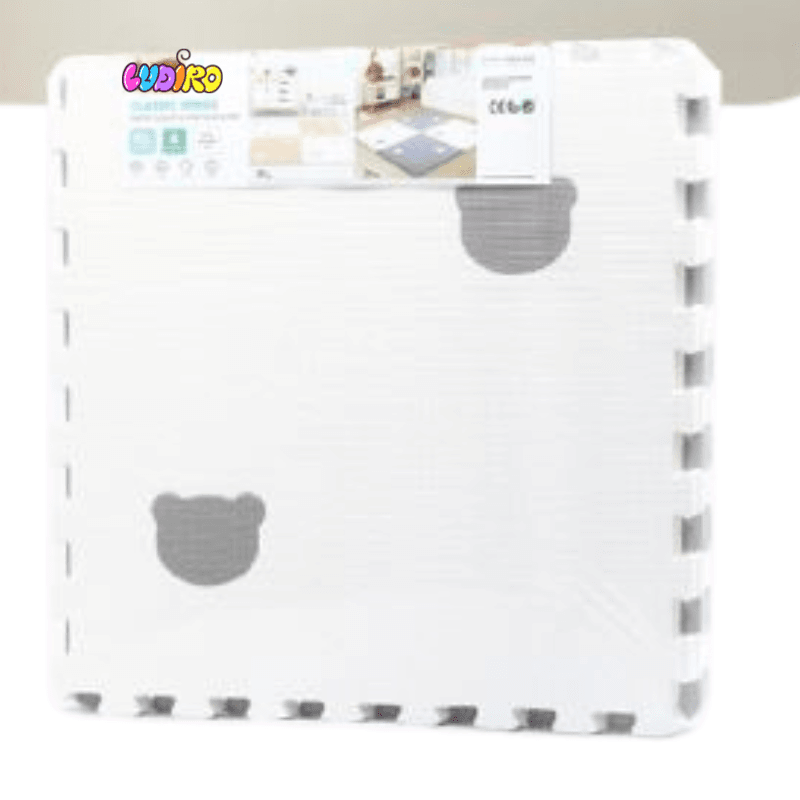 Covor Puzzle LUDIRO, 4 Piese 60x60 Cm, Spuma EVA, Protectie, Design Ursulet, Alb Gri - LUDIRO