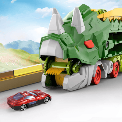 Resigilat - Set Multifunctional Dinozaur 2-in-1, Camion de Transport si Rampa de Lansare cu 6 Masinute, Distractie, Educatie si Dezvoltarea Creativitatii pentru Copii, + 3 Ani, Verde Portocaliu, Utility One - LUDIRO