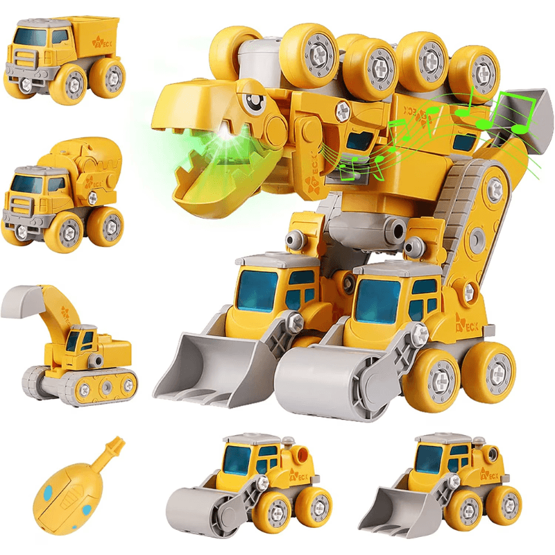 Dinozaur Transformabil 5 in 1 cu Vehicule de Constructii STEM, Sunete si Lumini - LUDIRO