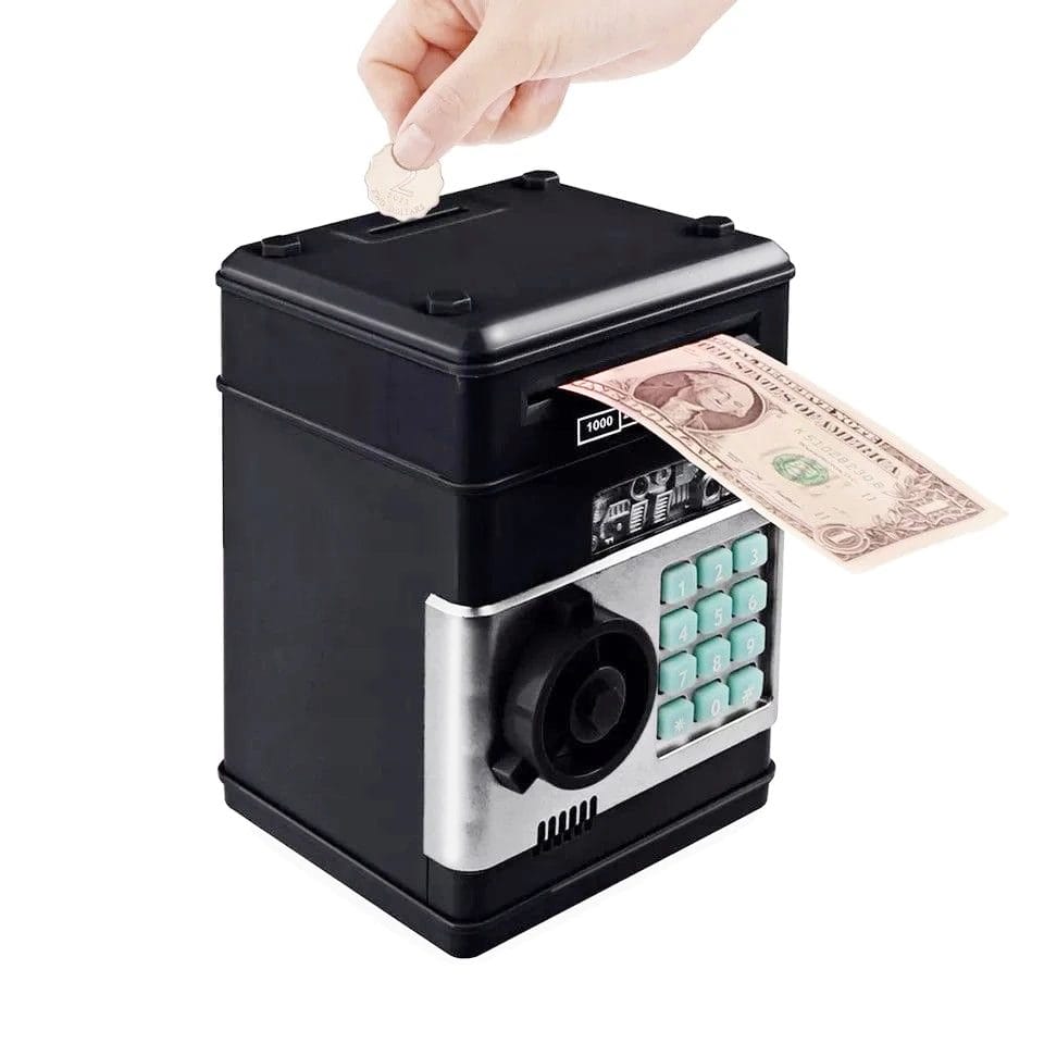 Resigilat - Pusculita Seif pentru Copii, ATM de Jucarie, Sunete si Lumini, Rulare automata a Bancnotelor, 19.5x13x12 Cm, Negru, + 3 Ani - LUDIRO