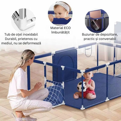 Țarc de copii XXL 235×129×66 Cm, Loc de Joacă Sigur cu Poartă si Coș, Acces Lateral cu Fermoar, Cadru din Oțel Inoxidabil, 1–6 Ani, Albastru - LUDIRO