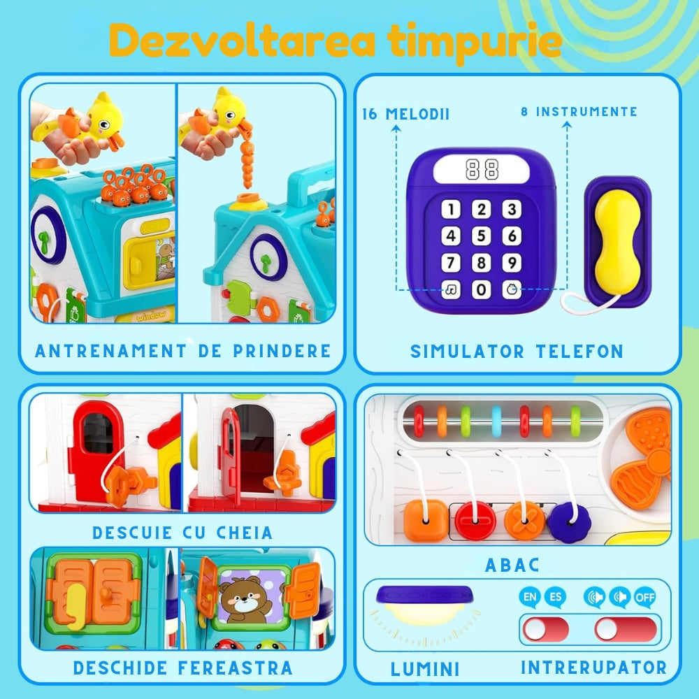 Resigilat - Căsuță Interactivă Montessori 20 în 1 pentru Bebeluși, Centru de Activități Educativ cu Muzică, Lumini, Telefon, Sortator și Joc Prindere Păsări, Fără BPA, 6-36 Luni - LUDIRO