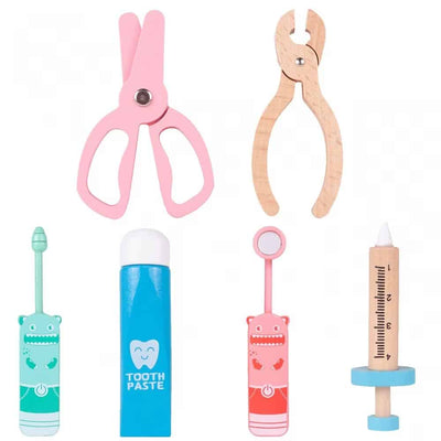 Trusa Medicala din Lemn, Accesorii Dentare, Termometru, Stetoscop, Seringa, Mulaj Dentar, Set Creativ si Interactiv, Geanta Depozitare, Rosu, + 3 Ani - LUDIRO