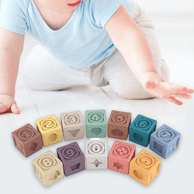 Set Educativ 12 Cuburi Senzoriale din Silicon Ludiro, Numere si Forme, Stivuire Bebelusi +6 Luni - LUDIRO