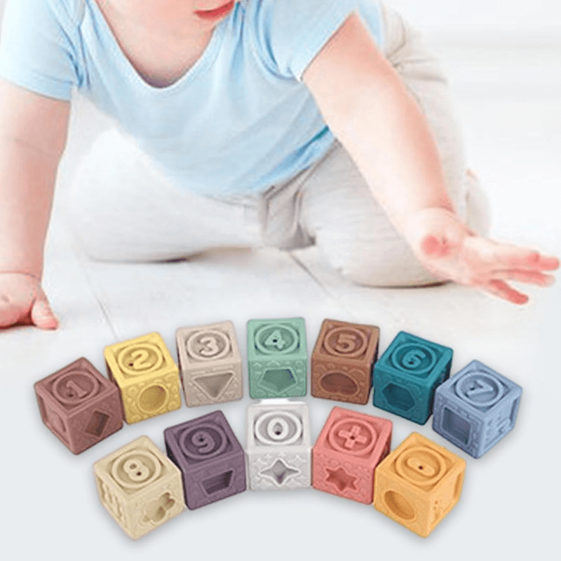 Set Educativ 12 Cuburi Senzoriale din Silicon Ludiro, Numere si Forme, Stivuire Bebelusi +6 Luni - LUDIRO