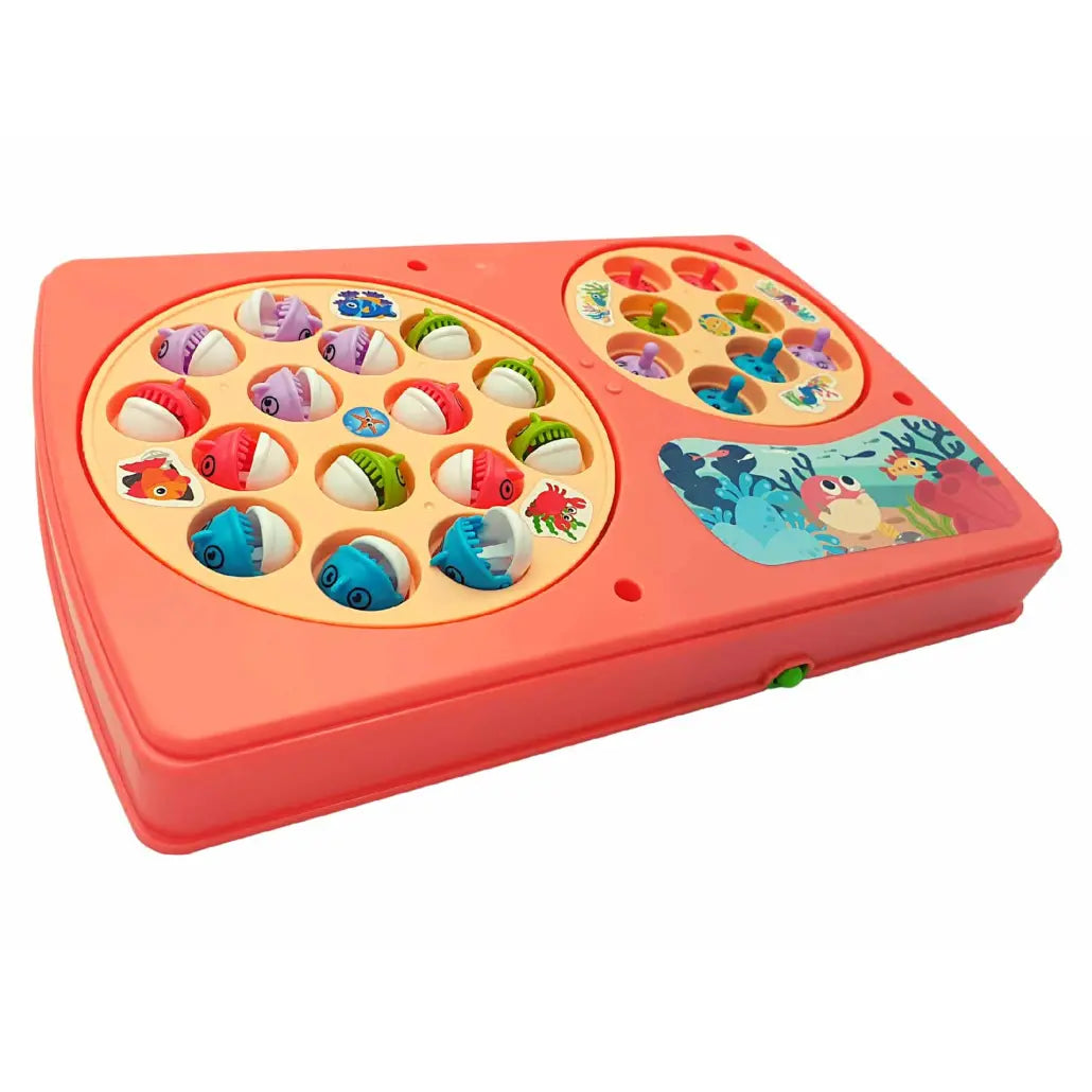 Set Interactiv 2 in 1, Joc Pescuit cu 15 Pestisori si 2 Undite, Joc Whack A Mole cu 8 Cartite si 2 Ciocanele, Cadru Rotativ, Sunete, 28x18x4 Cm, Roz, + 3 Ani - LUDIRO