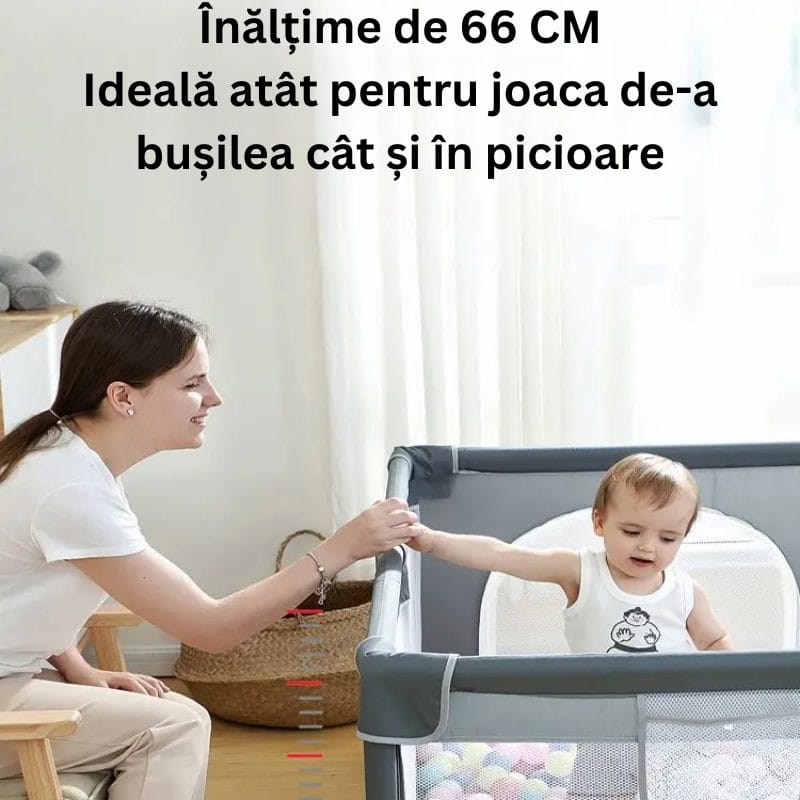 Tarc de Joaca pentru Copii, 1-5 Ani, 180x150x66 Cm, Spatiu Sigur si Generos, Cu Plasa Moale, Protectie la Colturi si Structura Stabila, Ideal pentru Interior si Exterior, Usor de Asamblat, Gri - LUDIRO