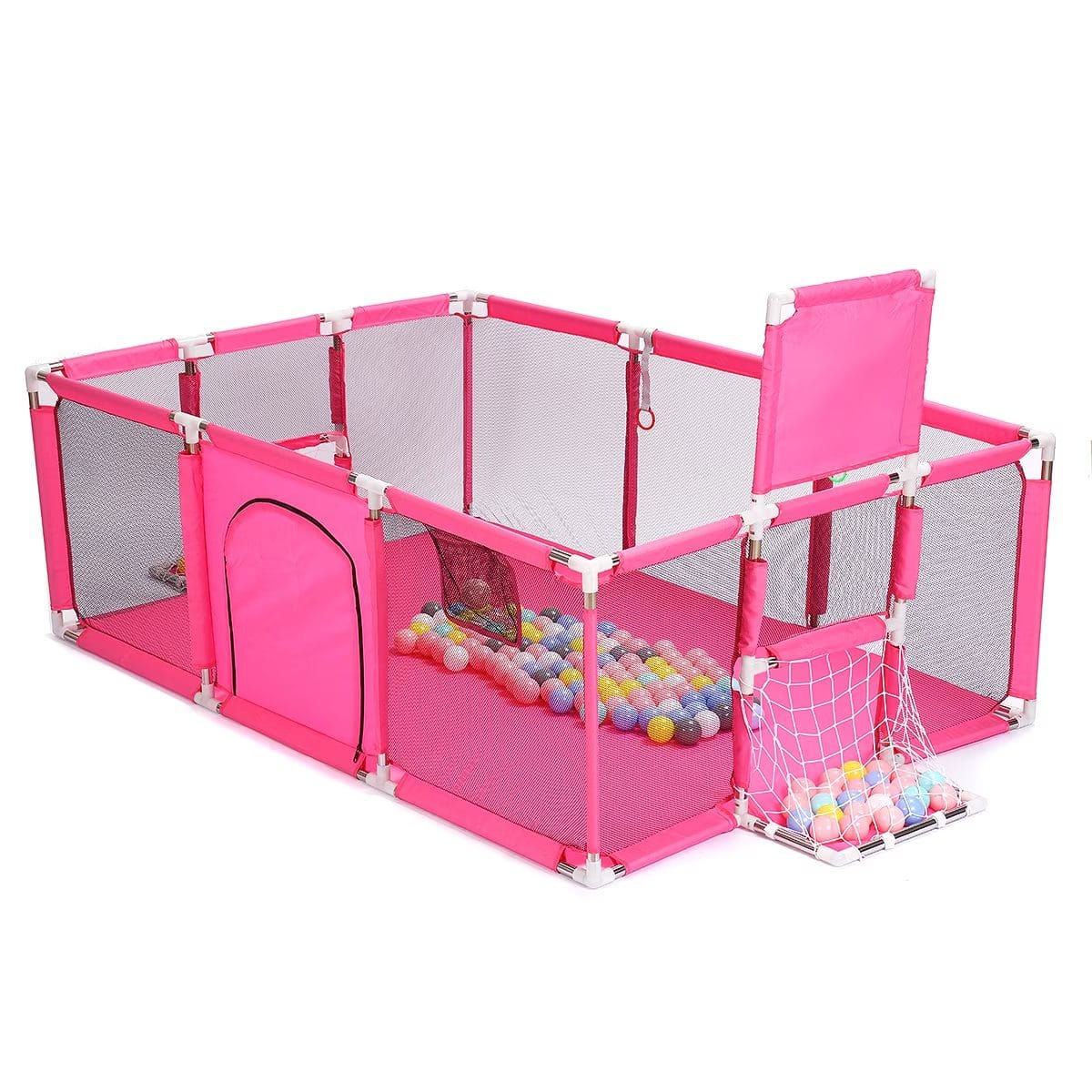 Țarc de copii XXL 235×129×66 Cm, Loc de Joacă Sigur cu Poartă si Coș, Acces Lateral cu Fermoar, Cadru din Oțel Inoxidabil, 1–6 Ani, Roz - LUDIRO