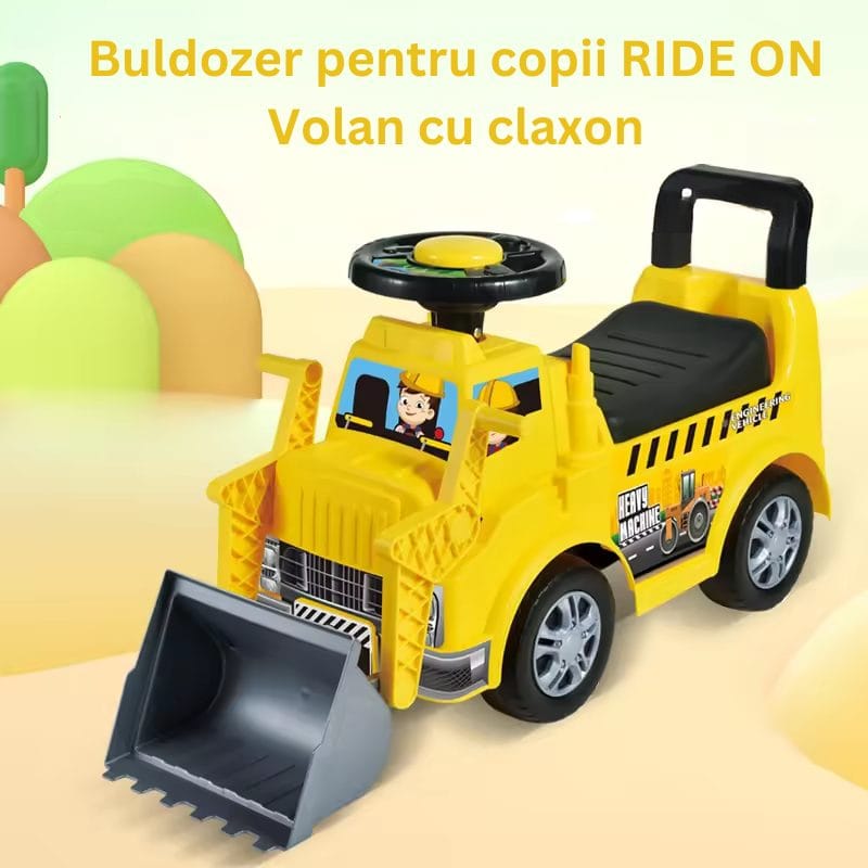 Buldozer Ride On pentru Copii, Cu Remorca, Volan si Claxon, Cupa de Carat Functionala, Scaun Confortabil, Sprijin pentru Spate, 65.5x37x22.5 Cm, +3 Ani, Galben Negru - LUDIRO