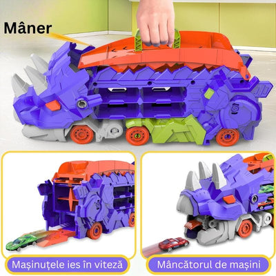 Set Multifunctional Dinozaur 2-in-1, Camion de Transport si Rampa de Lansare cu 2 Masinute, Distractie, Educatie si Dezvoltarea Creativitatii pentru Copii, + 3 Ani, Albastru Portocaliu - LUDIRO